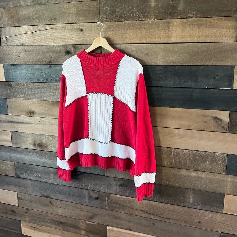 Vintage Liz Claiborne Lizsport Red White Patchwork Knit Sweater Cotton L - Picture 3 of 9